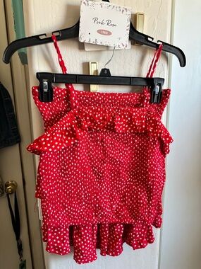 NWT Pink Rose Red Polka Dot 2 piece Ruffle tank and mini skirt, Size S